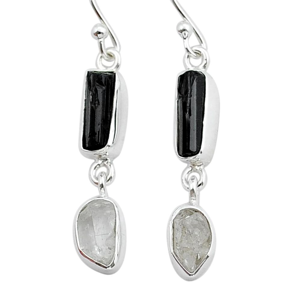 9.20cts natural black tourmaline rough herkimer diamond silver earrings y15718