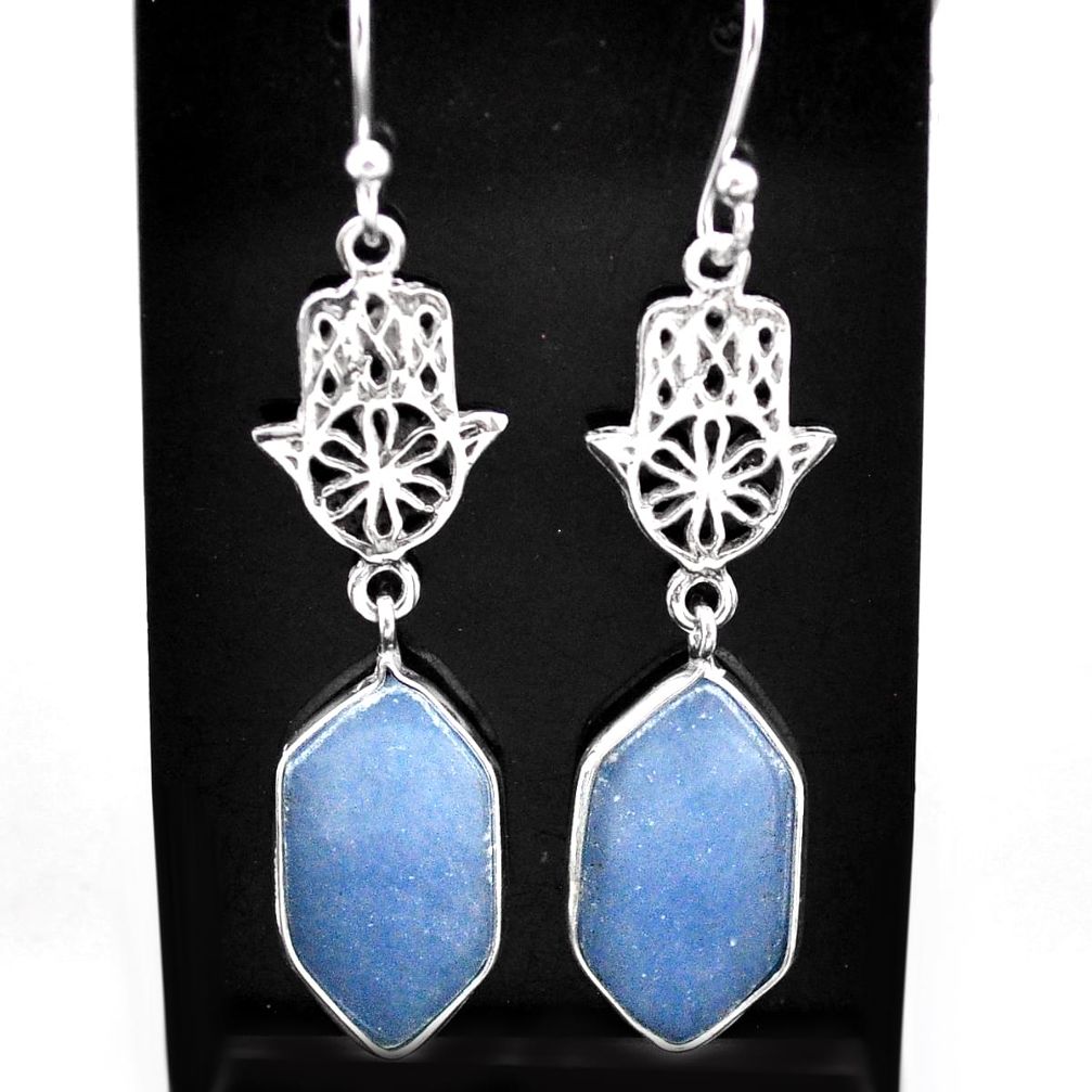 10.73cts natural blue angelite 925 silver hand of god hamsa earrings t60792