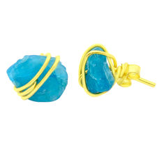 6.33cts natural blue apatite rough silver gold wire wrap stud earrings u67875