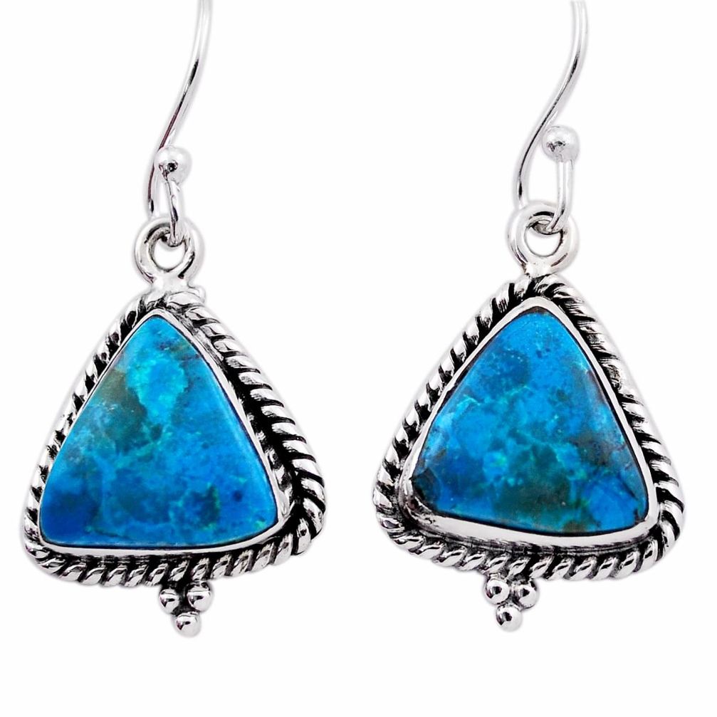 11.07cts natural blue chrysocolla 925 sterling silver dangle earrings n39641