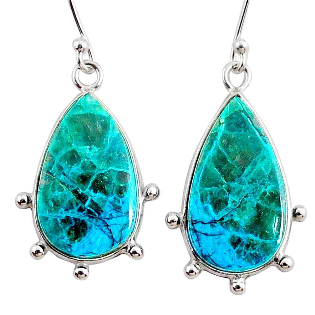 14.85cts natural blue chrysocolla 925 sterling silver dangle earrings r75727