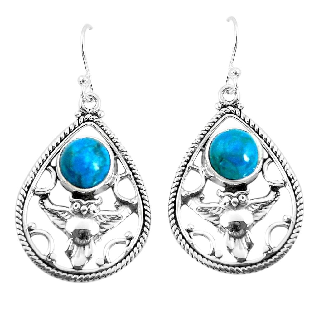 6.57cts natural blue chrysocolla 925 sterling silver owl earrings jewelry p52042