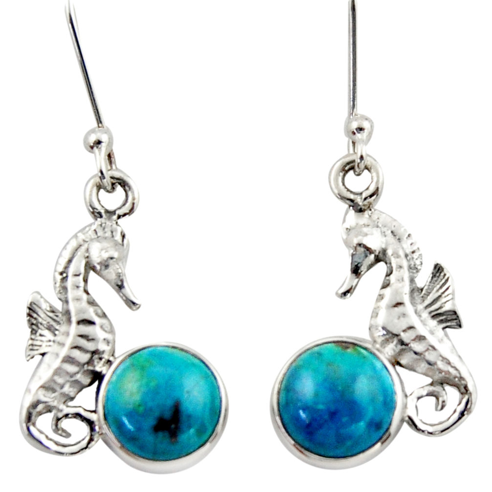 7.82cts natural blue chrysocolla 925 sterling silver seahorse earrings d46795