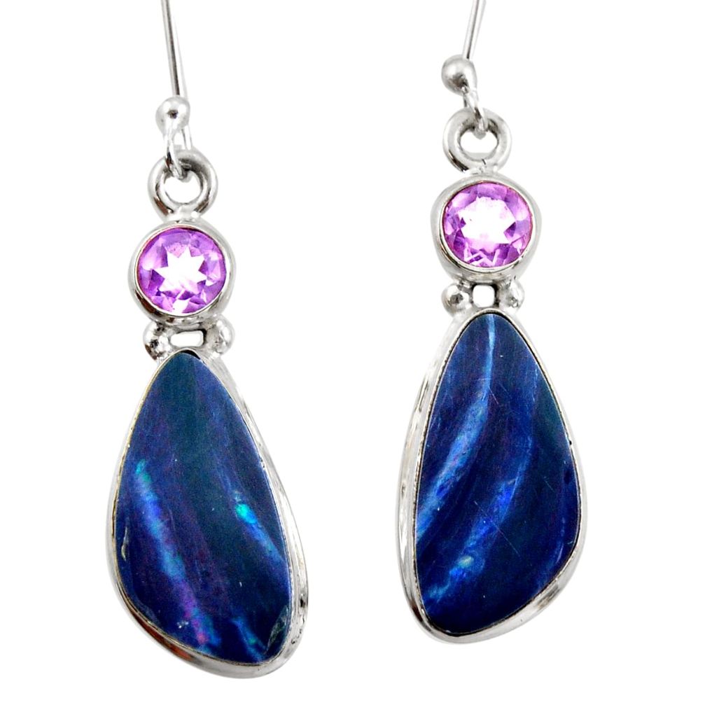 10.72cts natural blue doublet opal australian 925 silver dangle earrings d47598
