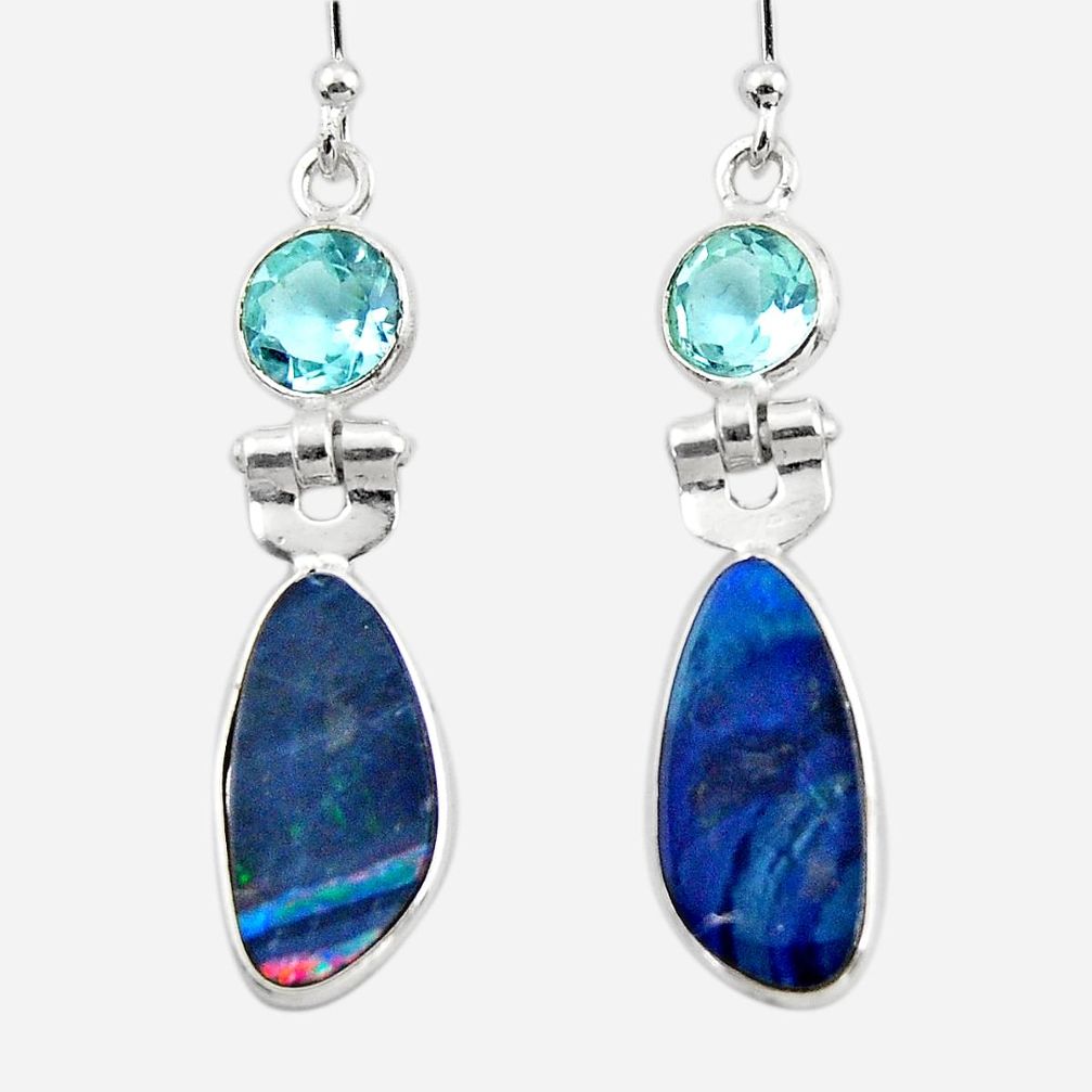 7.88cts natural blue doublet opal australian 925 silver dangle earrings r49977