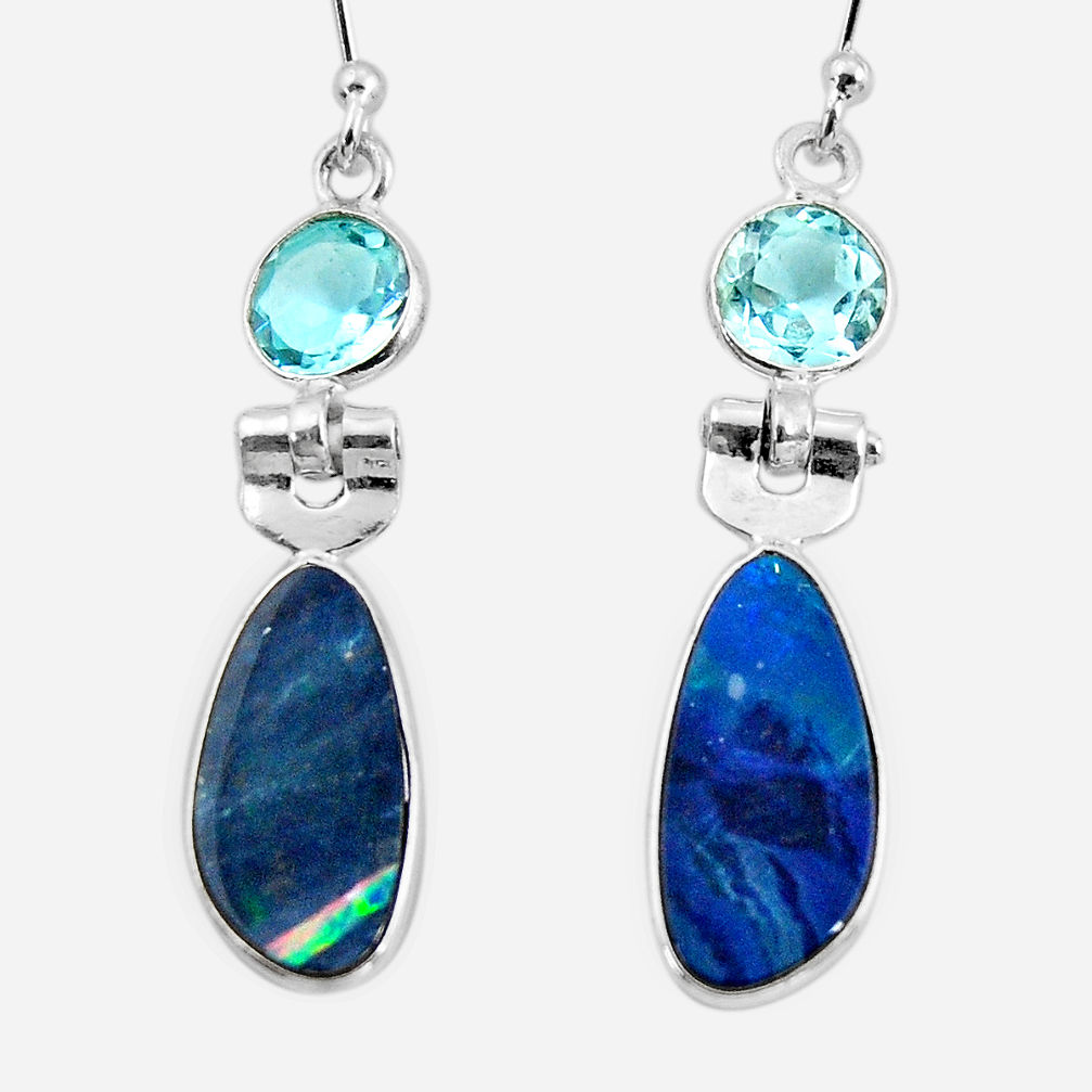 7.88cts natural blue doublet opal australian 925 silver dangle earrings r49978