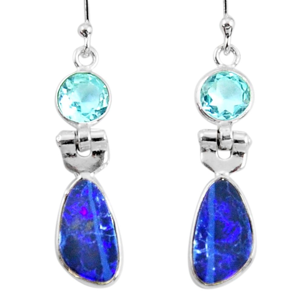 6.94cts natural blue doublet opal australian 925 silver dangle earrings r50909