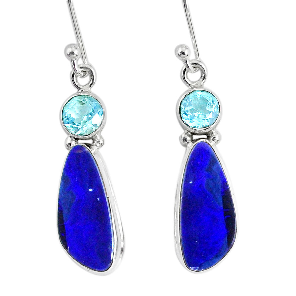 8.09cts natural blue doublet opal australian 925 silver dangle earrings r76541