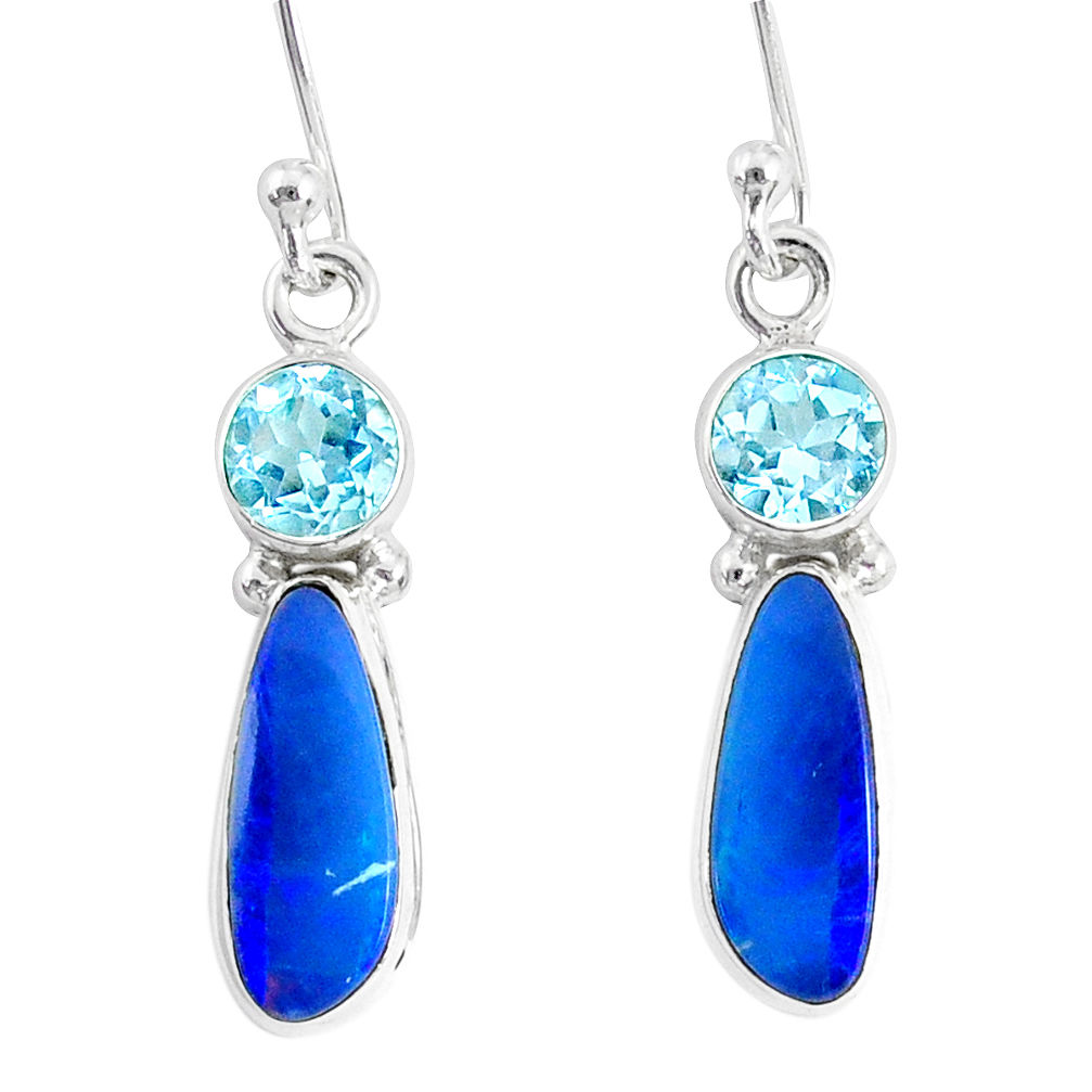 7.26cts natural blue doublet opal australian 925 silver dangle earrings r76543