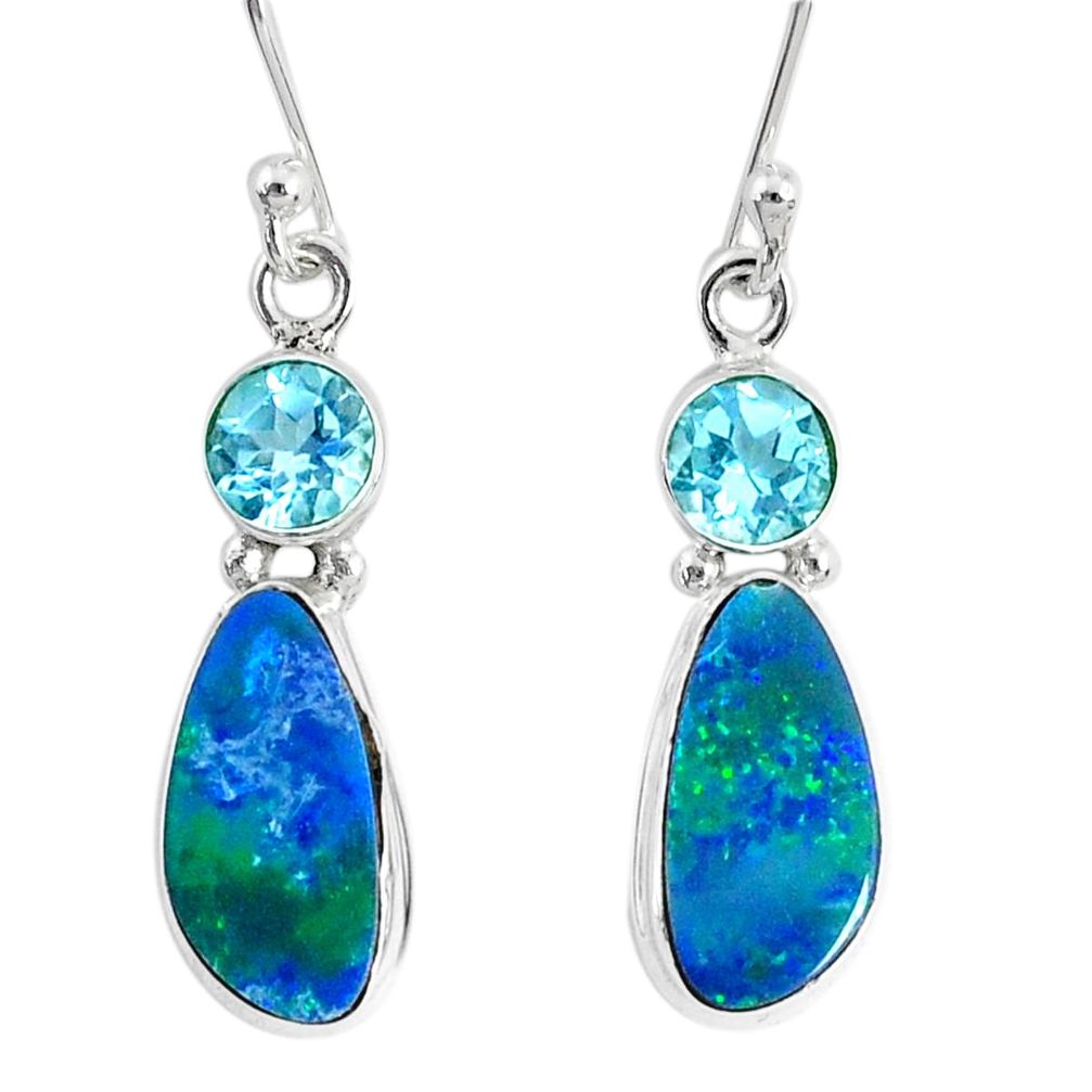 6.57cts natural blue doublet opal australian 925 silver dangle earrings r76546