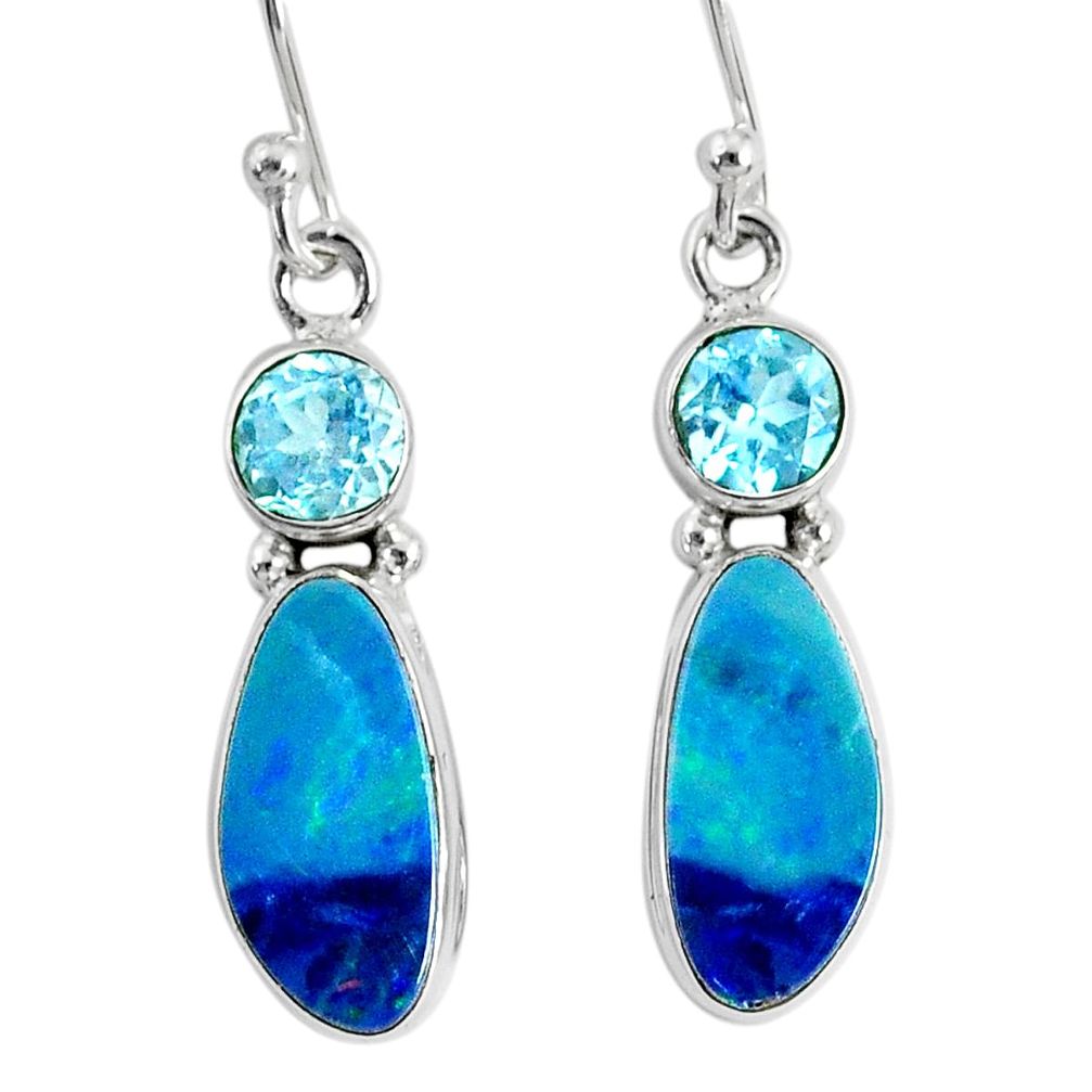 7.66cts natural blue doublet opal australian 925 silver dangle earrings r76551