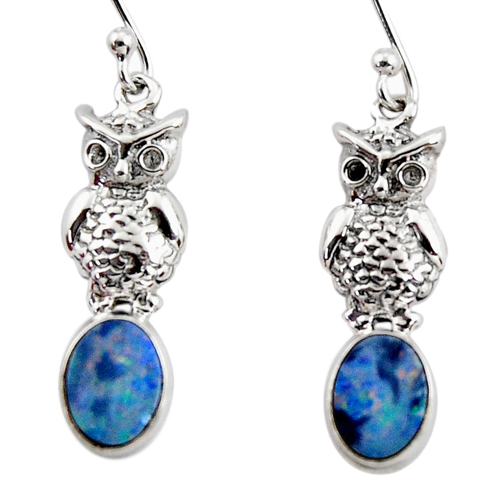 3.32cts natural blue doublet opal australian 925 silver owl earrings r48169