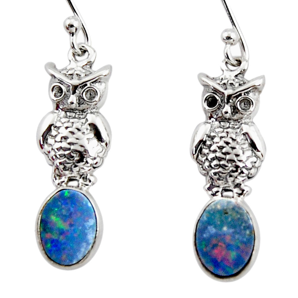 3.42cts natural blue doublet opal australian 925 silver owl earrings r48174