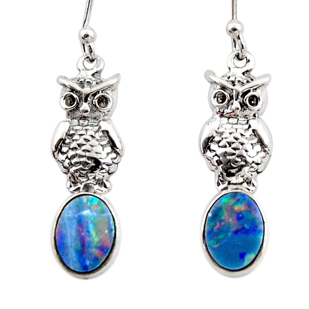 2.92cts natural blue doublet opal australian 925 silver owl earrings r48176