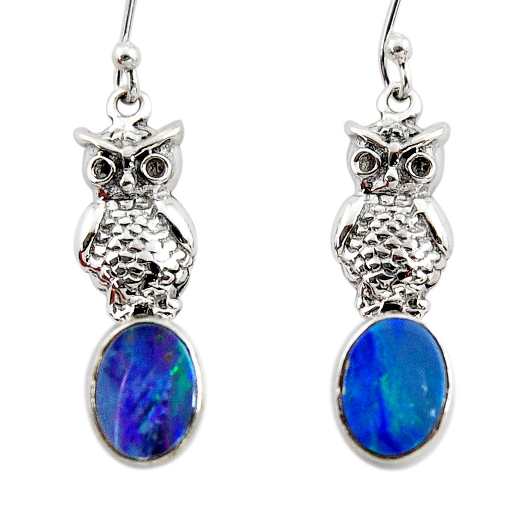 3.13cts natural blue doublet opal australian 925 silver owl earrings r48178