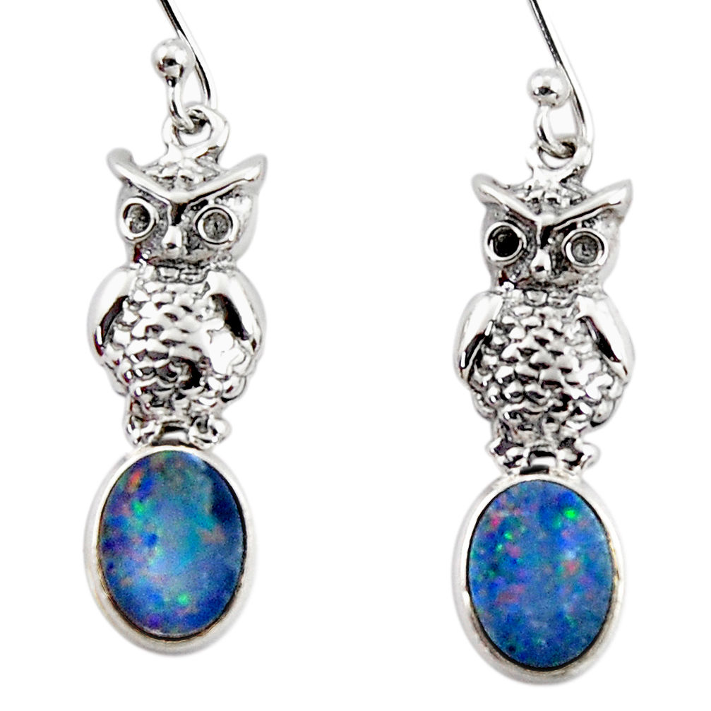 2.92cts natural blue doublet opal australian 925 silver owl earrings r48197