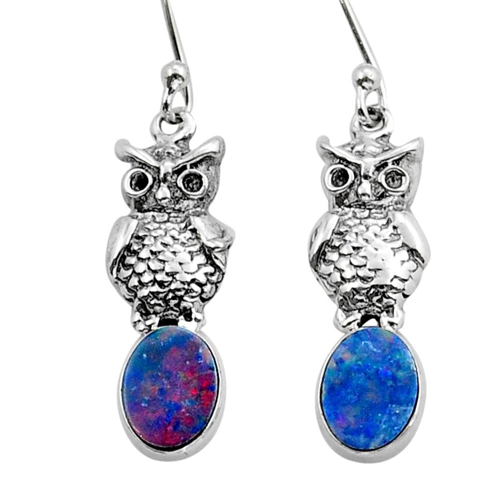 3.13cts natural blue doublet opal australian 925 silver owl earrings y15401