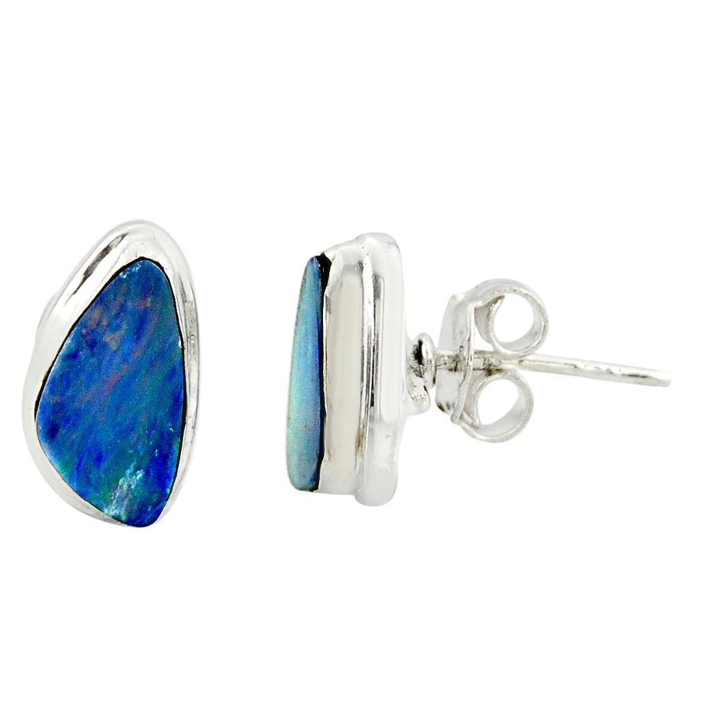 4.83cts natural blue doublet opal australian 925 silver stud earrings r39515