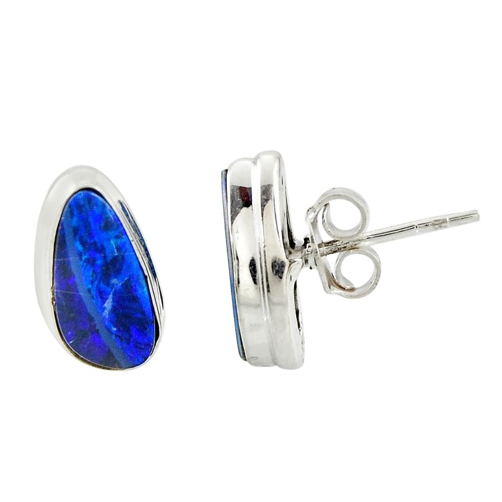 5.57cts natural blue doublet opal australian 925 silver stud earrings r39528