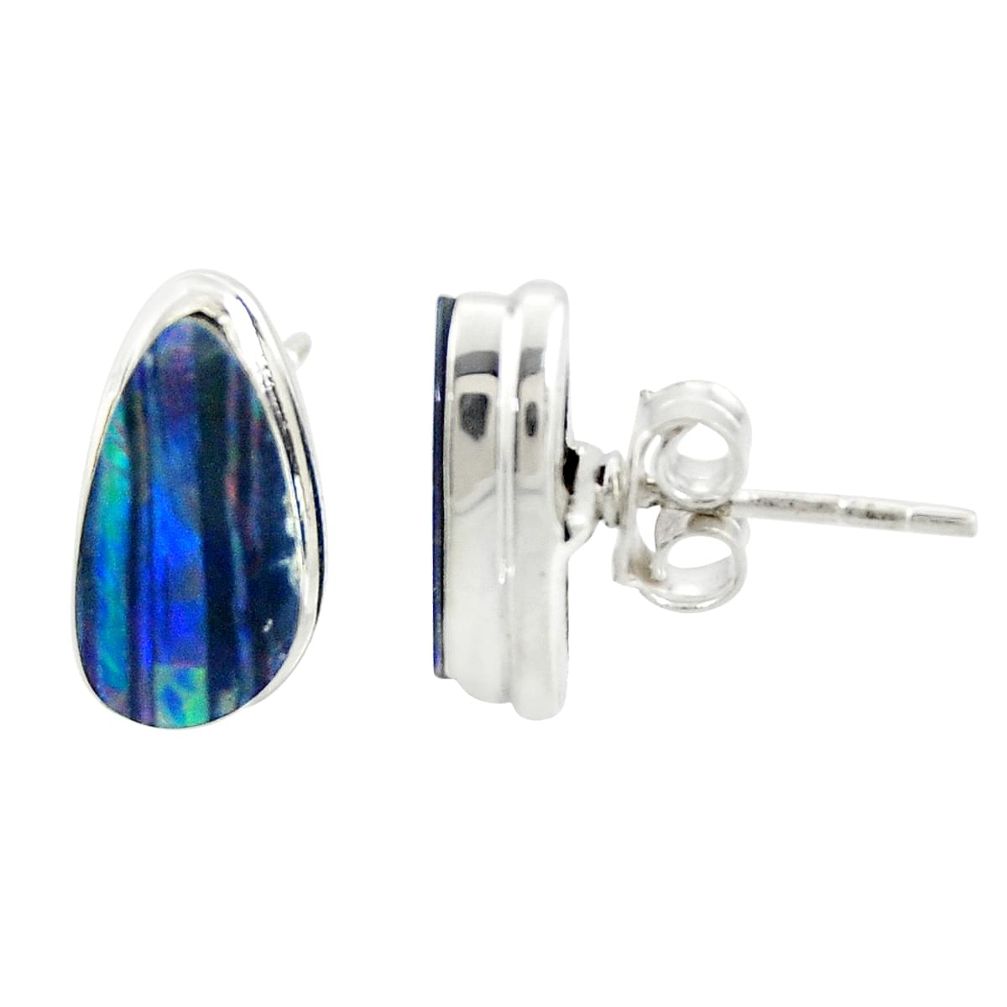 5.22cts natural blue doublet opal australian 925 silver stud earrings r39535