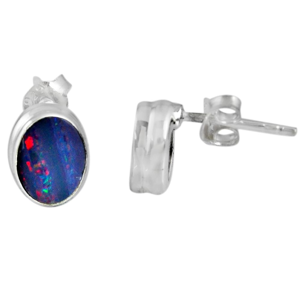 2.12cts natural blue doublet opal australian 925 silver stud earrings r56326