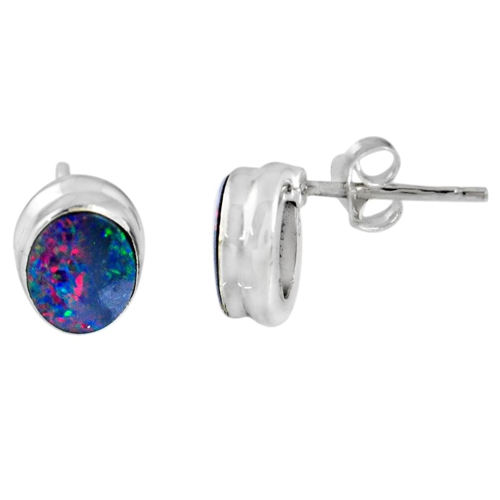 2.15cts natural blue doublet opal australian 925 silver stud earrings r56334