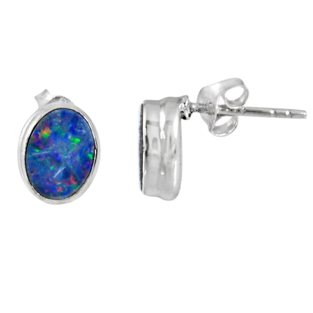 2.27cts natural blue doublet opal australian 925 silver stud earrings r56338