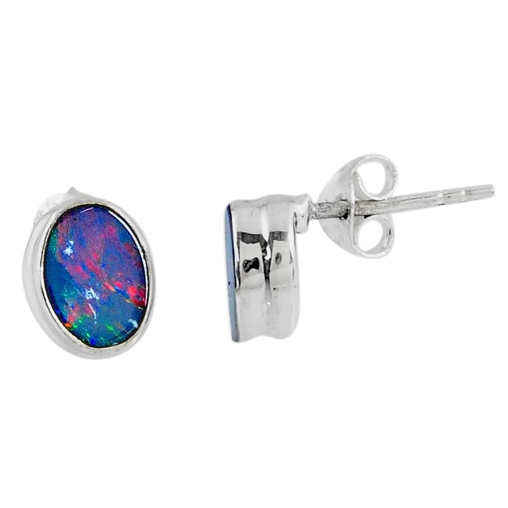 2.23cts natural blue doublet opal australian 925 silver stud earrings r58489