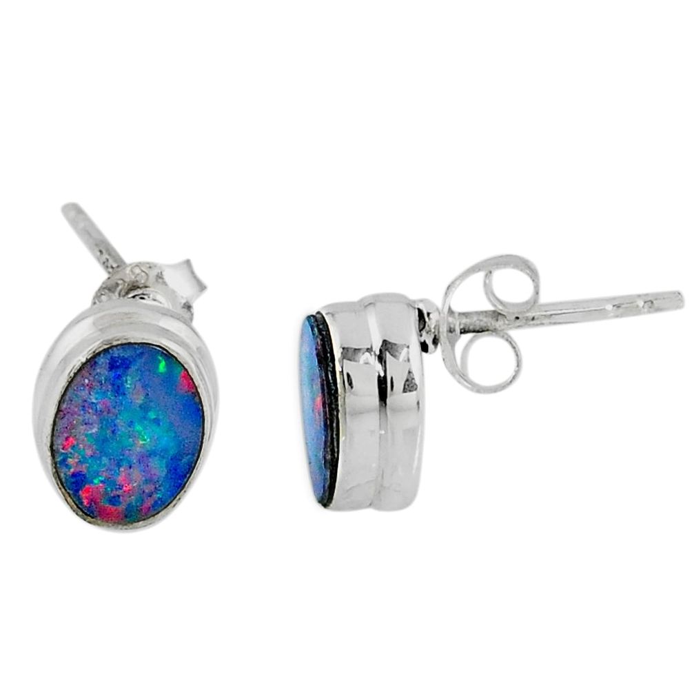 2.47cts natural blue doublet opal australian 925 silver stud earrings r58491