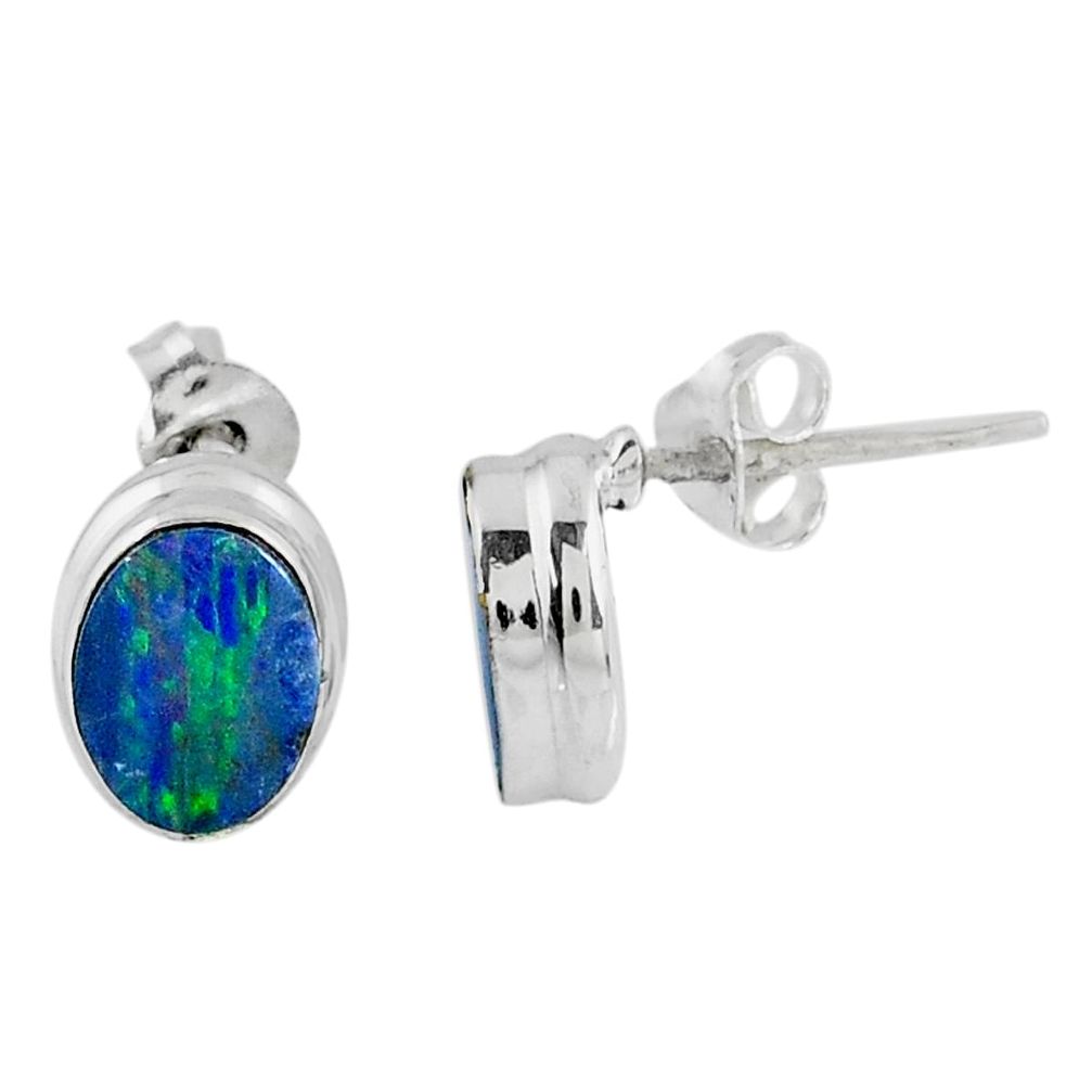 2.24cts natural blue doublet opal australian 925 silver stud earrings r58494