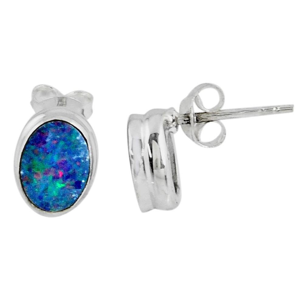 2.27cts natural blue doublet opal australian 925 silver stud earrings r58500