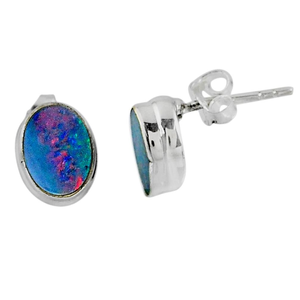 2.20cts natural blue doublet opal australian 925 silver stud earrings r58519
