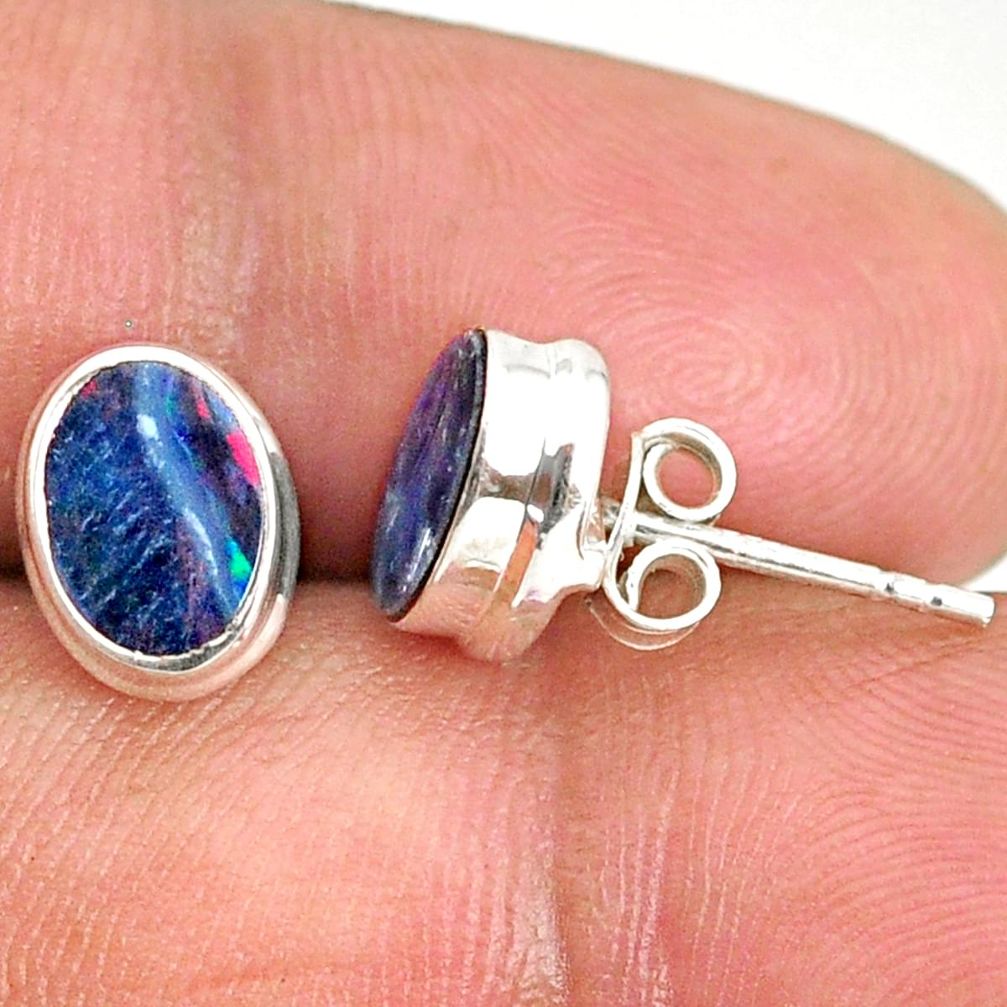 3.57cts natural blue doublet opal australian 925 silver stud earrings r84834