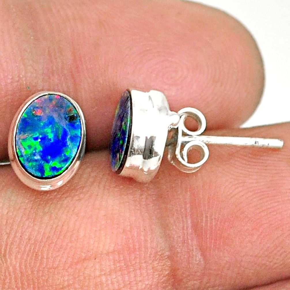 3.36cts natural blue doublet opal australian 925 silver stud earrings r84845