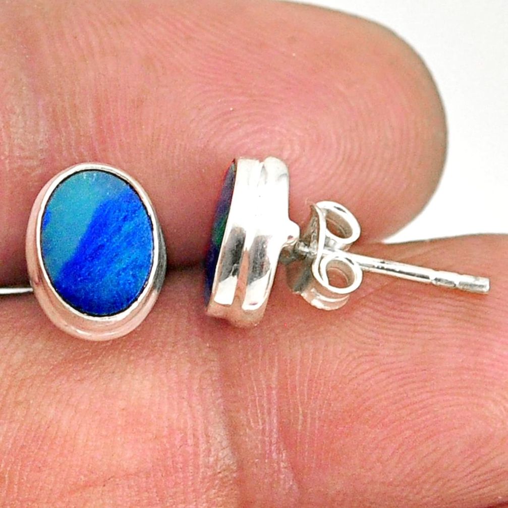 3.13cts natural blue doublet opal australian 925 silver stud earrings r84848