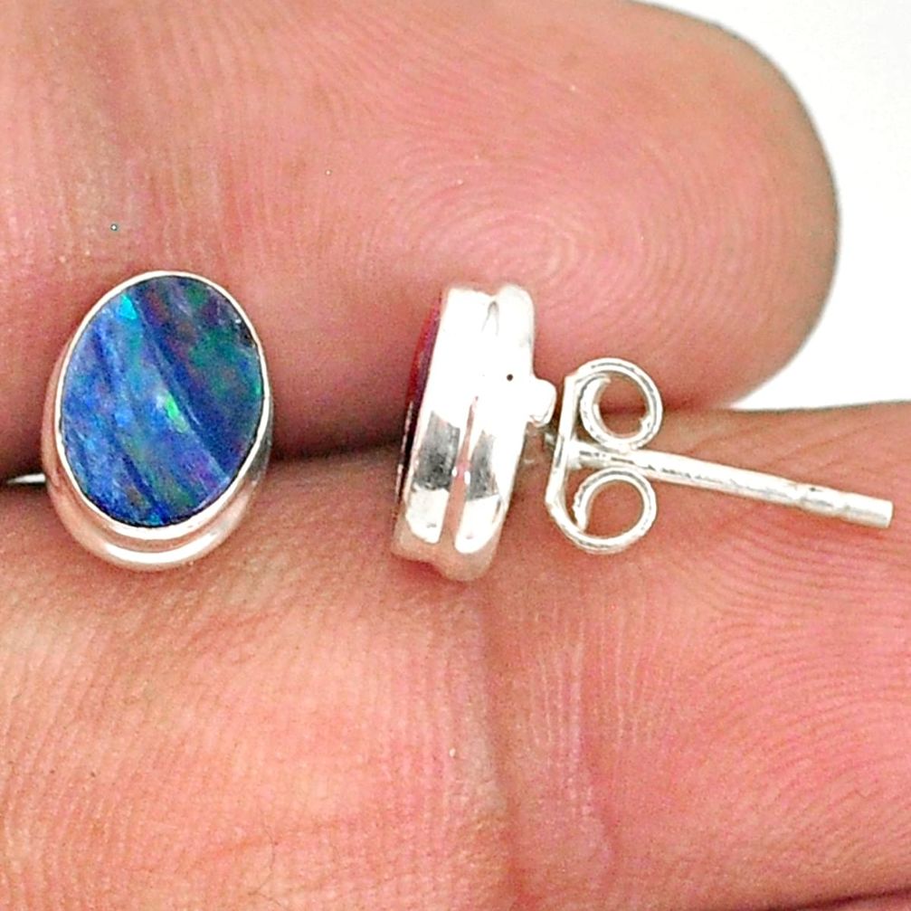 3.04cts natural blue doublet opal australian 925 silver stud earrings r84851