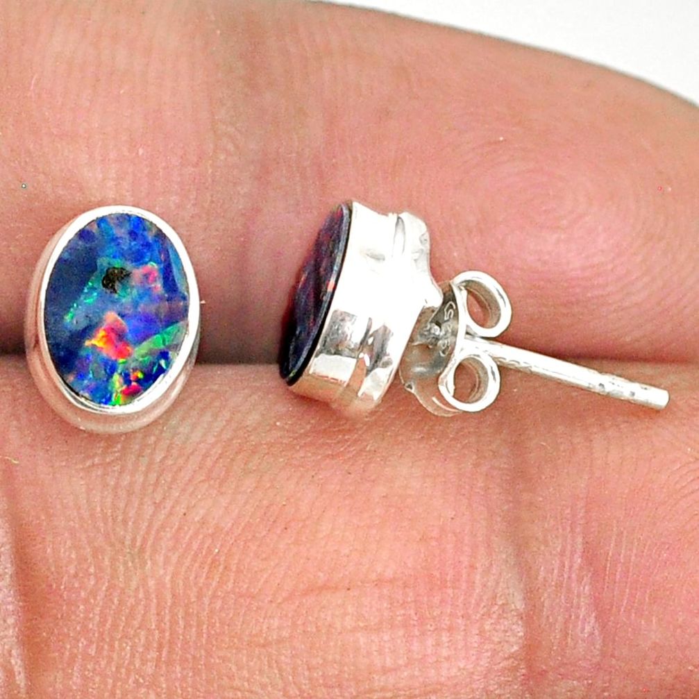 3.41cts natural blue doublet opal australian 925 silver stud earrings r84857