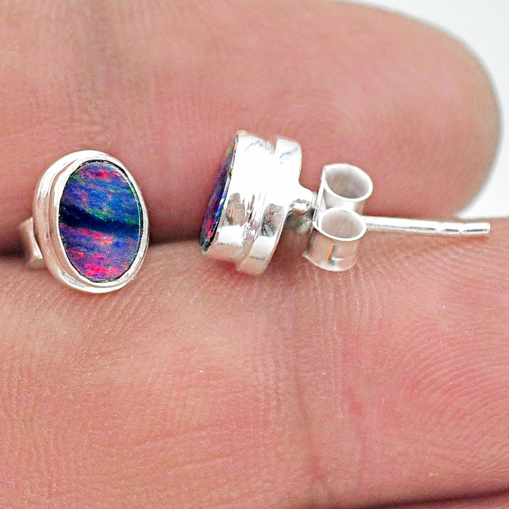 1.90cts natural blue doublet opal australian 925 silver stud earrings t19739