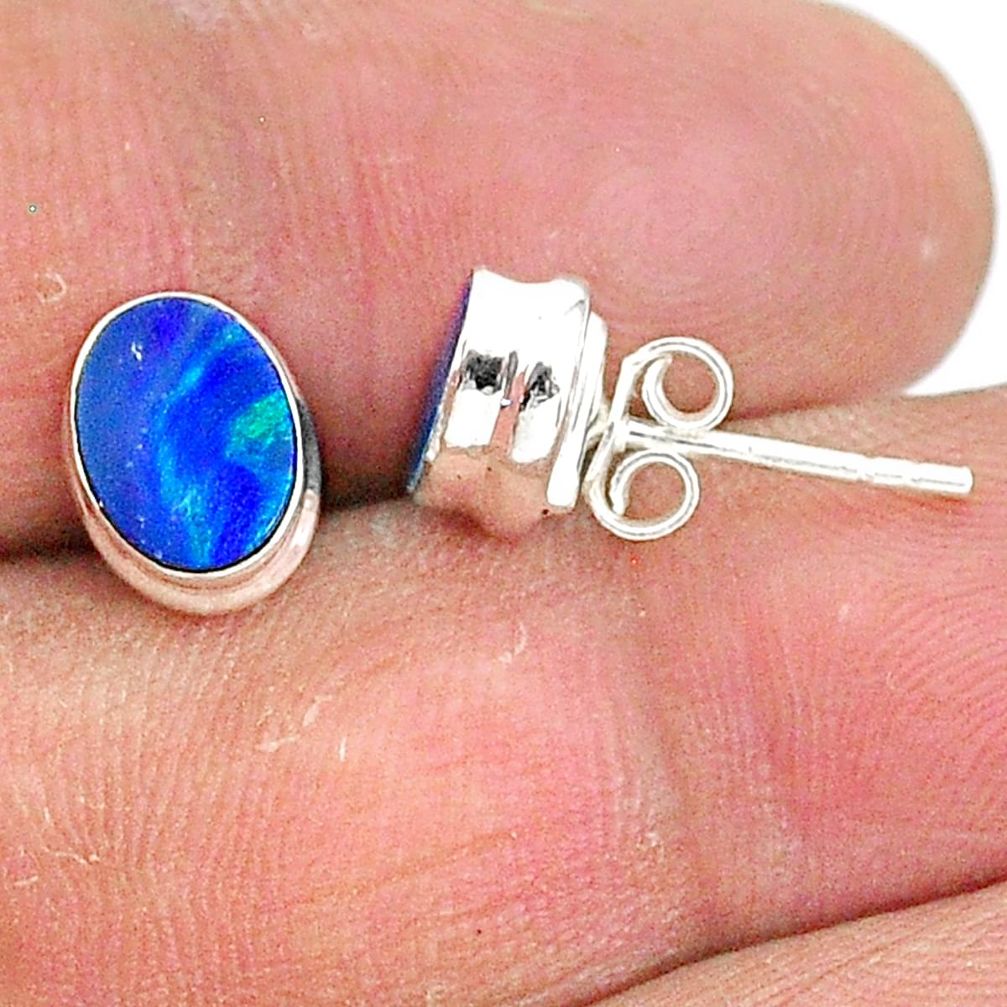 2.69cts natural blue doublet opal australian 925 silver stud earrings t3482