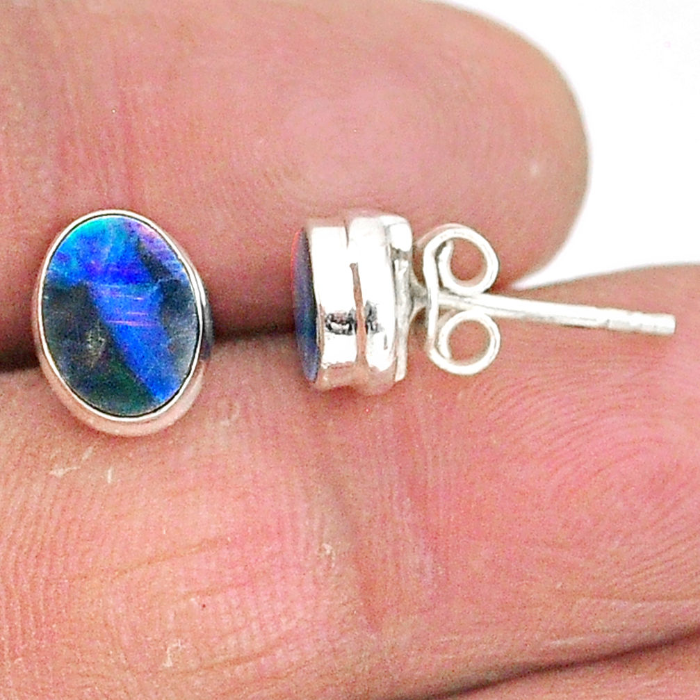2.71cts natural blue doublet opal australian 925 silver stud earrings t3485