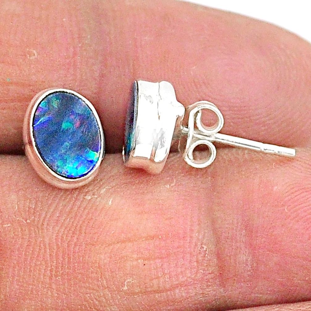 2.74cts natural blue doublet opal australian 925 silver stud earrings t3488