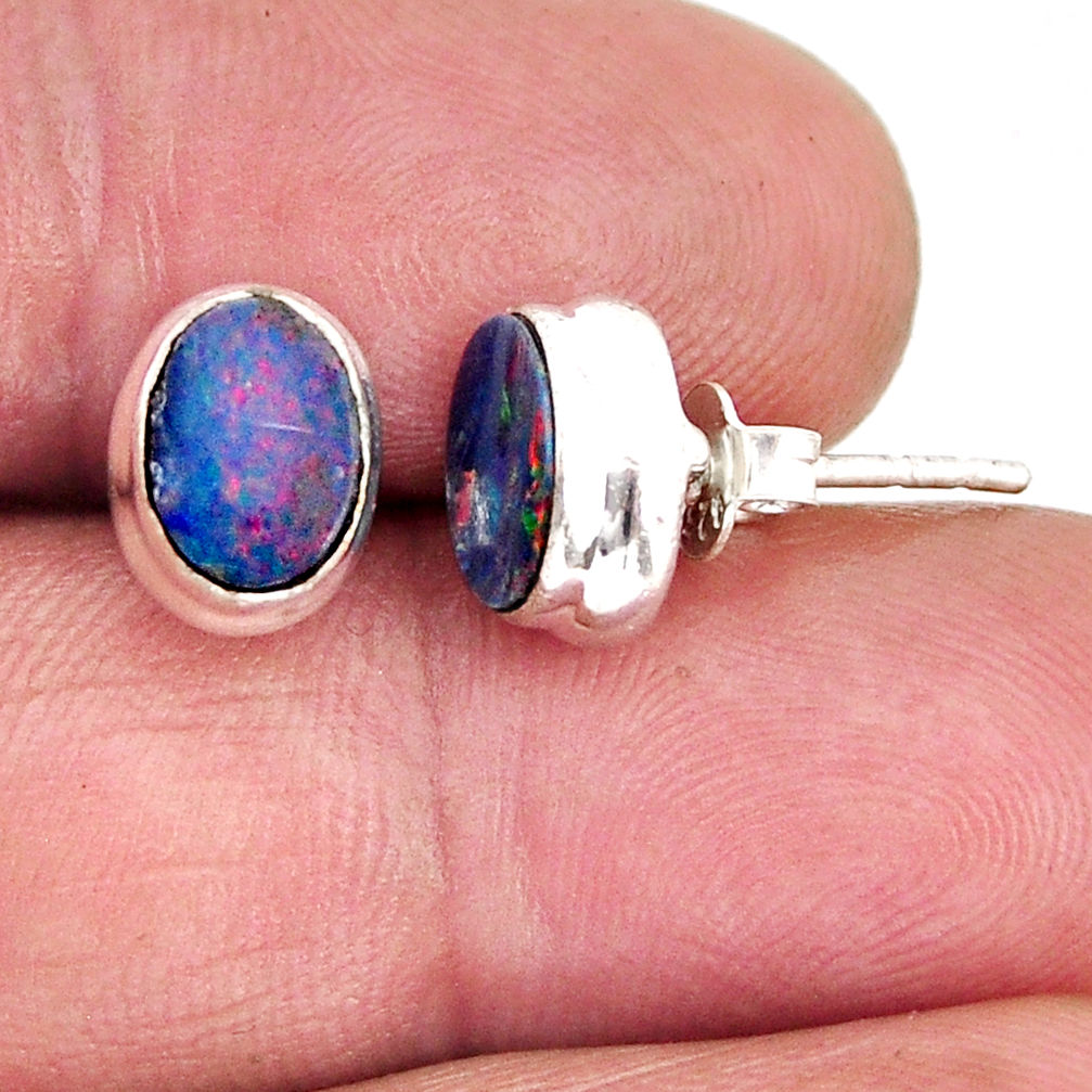 3.15cts natural blue doublet opal australian 925 silver stud earrings y72264