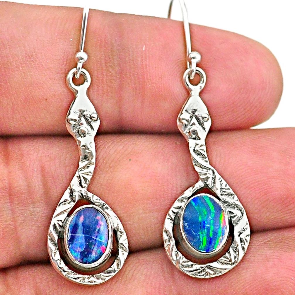 3.22cts natural blue doublet opal australian 925 sterling silver earrings t32972