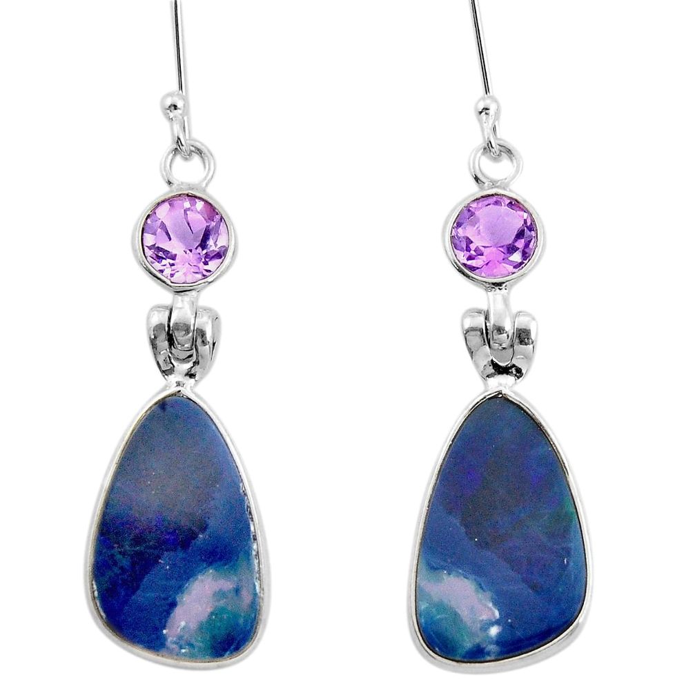 8.05cts natural blue doublet opal australian amethyst 925 silver earrings r26912