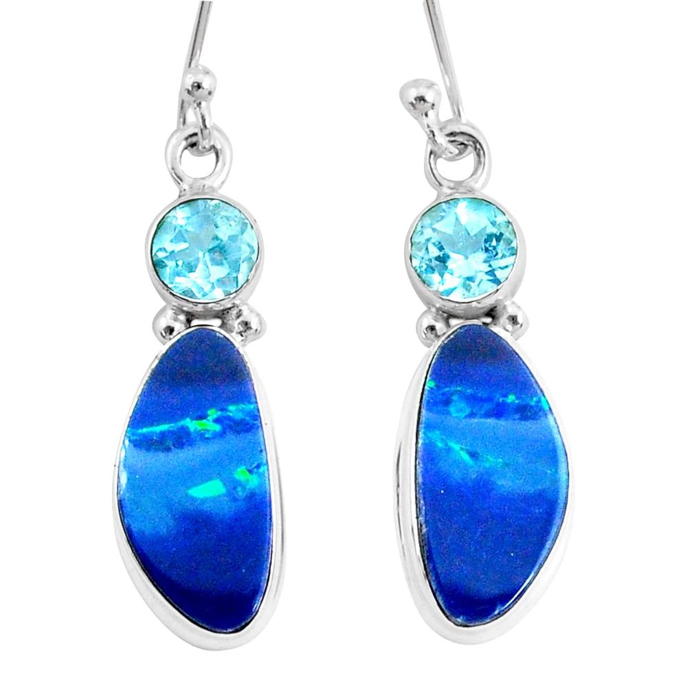 7.66cts natural blue doublet opal australian topaz 925 silver earrings r72709