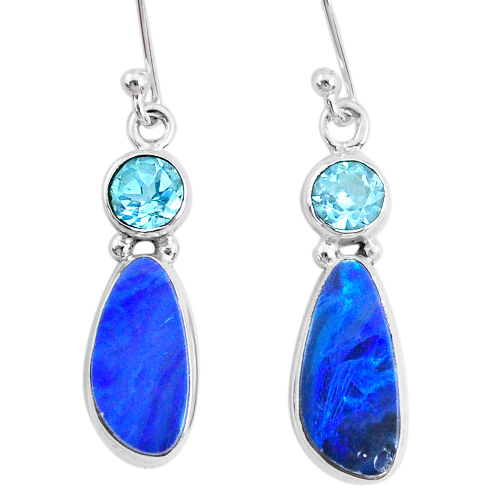 7.66cts natural blue doublet opal australian topaz 925 silver earrings r72715