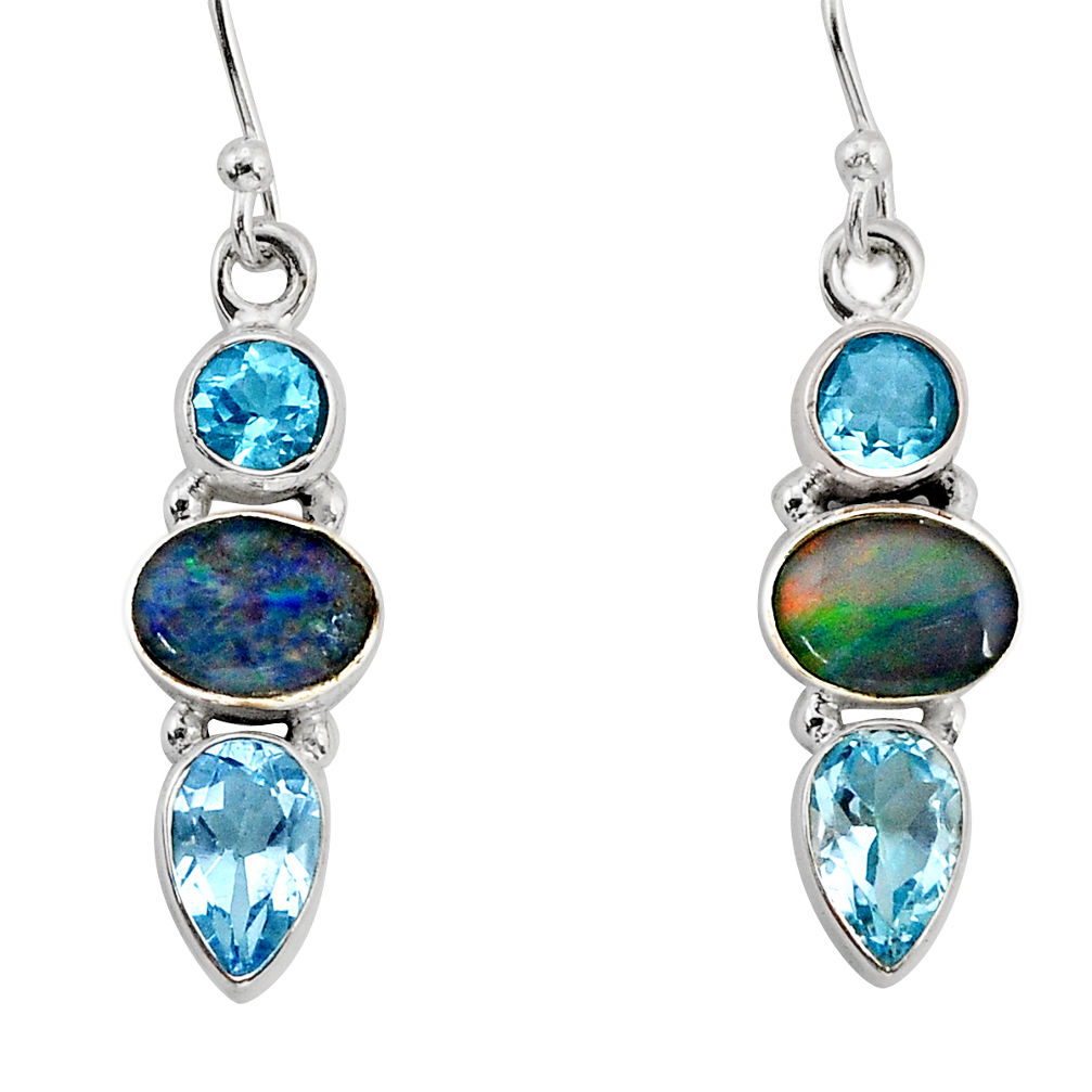 7.29cts natural blue doublet opal australian topaz silver dangle earrings y76608