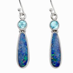 7.89cts natural blue doublet opal australian topaz silver dangle earrings y80541