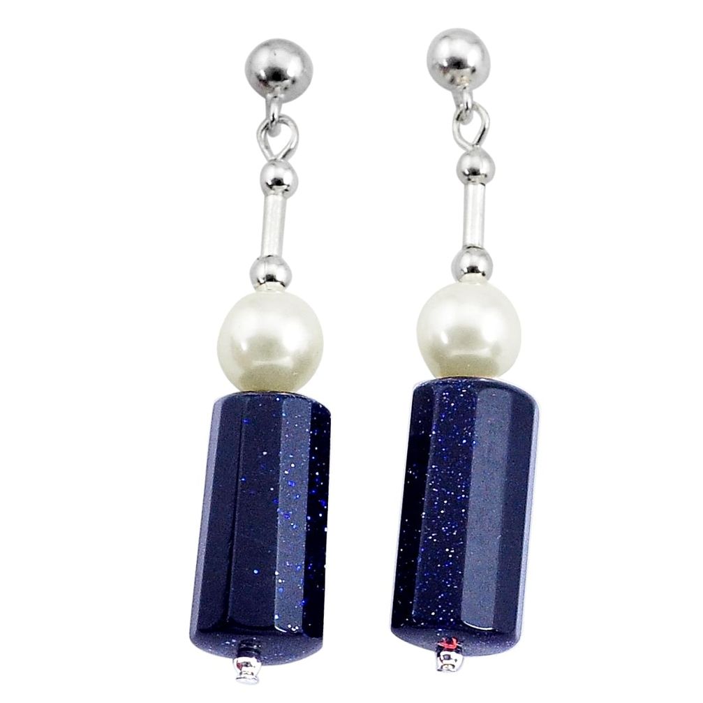 33.88cts natural blue goldstone pearl 925 sterling silver dangle earrings c27191