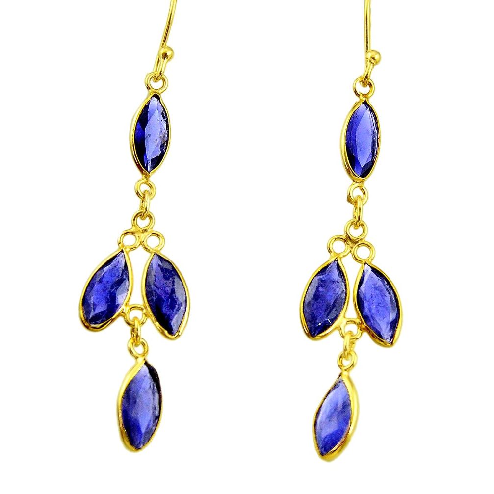 7.87cts natural blue iolite 925 sterling silver 14k gold dangle earrings r33195
